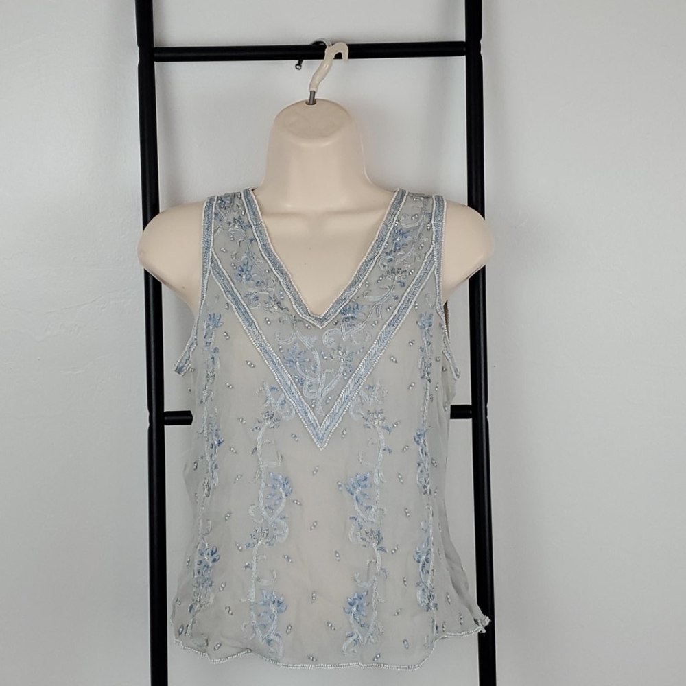Emma Black Silk Embroidered Blouse Womens 6 Zip Elegant Evening Top